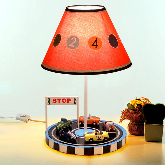 Red Racing Vehicle Tapered Fabric Table Light For Kids - 1-Bulb Nightstand Lighting