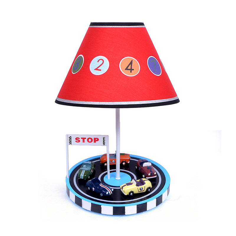 Red Racing Vehicle Tapered Fabric Table Light For Kids - 1-Bulb Nightstand Lighting