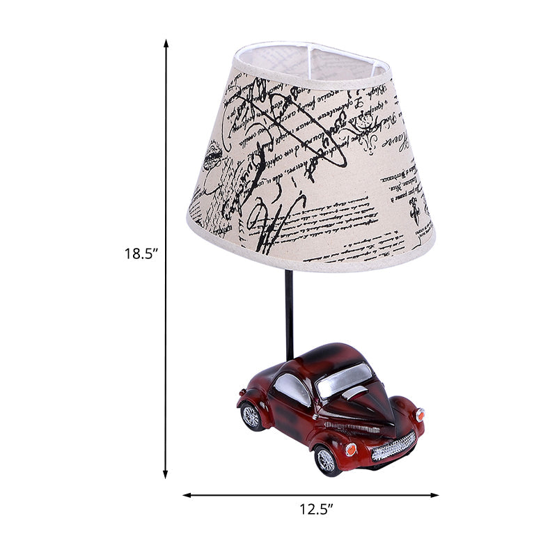 Kids Beige Barrel Night Table Lamp With Car Base - 1-Light Fabric Bedroom Nightstand Light