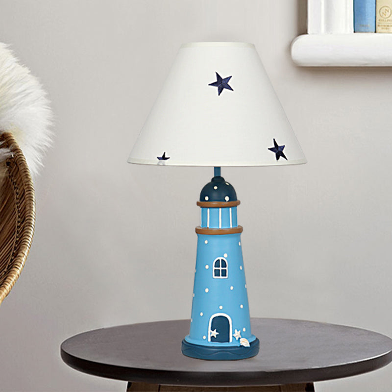 Mediterranean Resin Lighthouse Night Light Blue Table Lamp With Tapered Fabric Shade