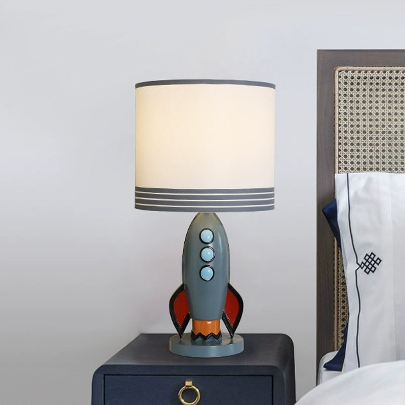 Blue Rocket Nightstand Light With Drum Shade For Nursery - Kids Resin Table Lamp