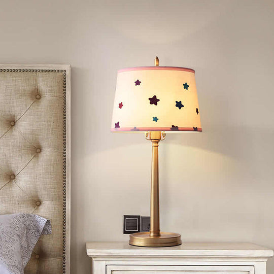 Modern Brass Drum Table Lamp With Pentagram Pattern - 1 Light Nightstand Lighting