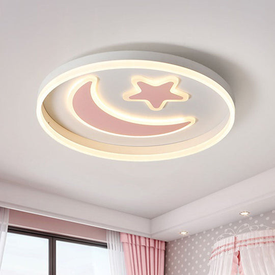 Kids LED Bedroom Flush Mount Moon and Star Light Fixture in White/Pink/Blue Acrylic Shade