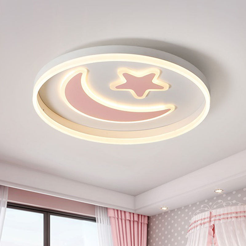 Kids Led Bedroom Flush Mount Moon And Star Light Fixture In White/Pink/Blue Acrylic Shade