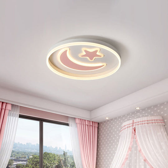 Kids LED Bedroom Flush Mount Moon and Star Light Fixture in White/Pink/Blue Acrylic Shade