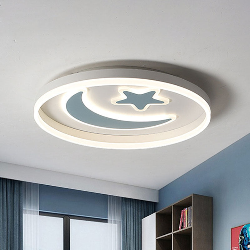 Kids LED Bedroom Flush Mount Moon and Star Light Fixture in White/Pink/Blue Acrylic Shade