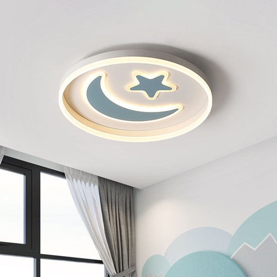 Kids LED Bedroom Flush Mount Moon and Star Light Fixture in White/Pink/Blue Acrylic Shade