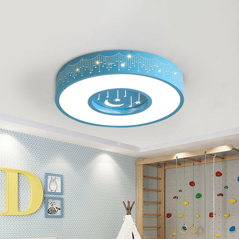 Kids Led Flush Mount Ceiling Light With Moon And Star Pattern In Pink/Blue 16/19.5 Width