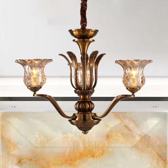 Clear Glass Pendant Chandelier With Branching Design - Rustic Living Room Ceiling Light In Brass