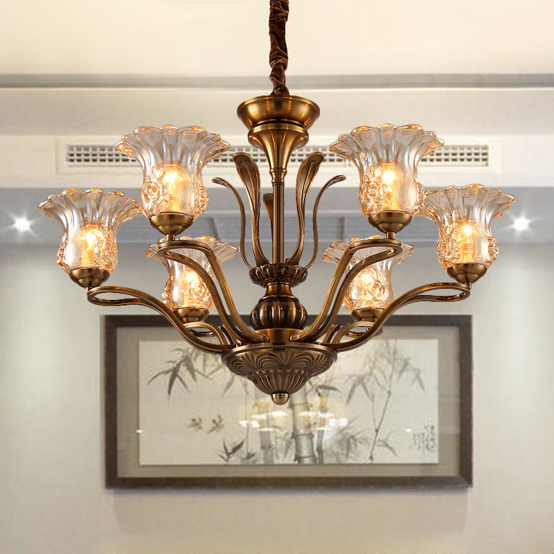 Clear Glass Pendant Chandelier With Branching Design - Rustic Living Room Ceiling Light In Brass