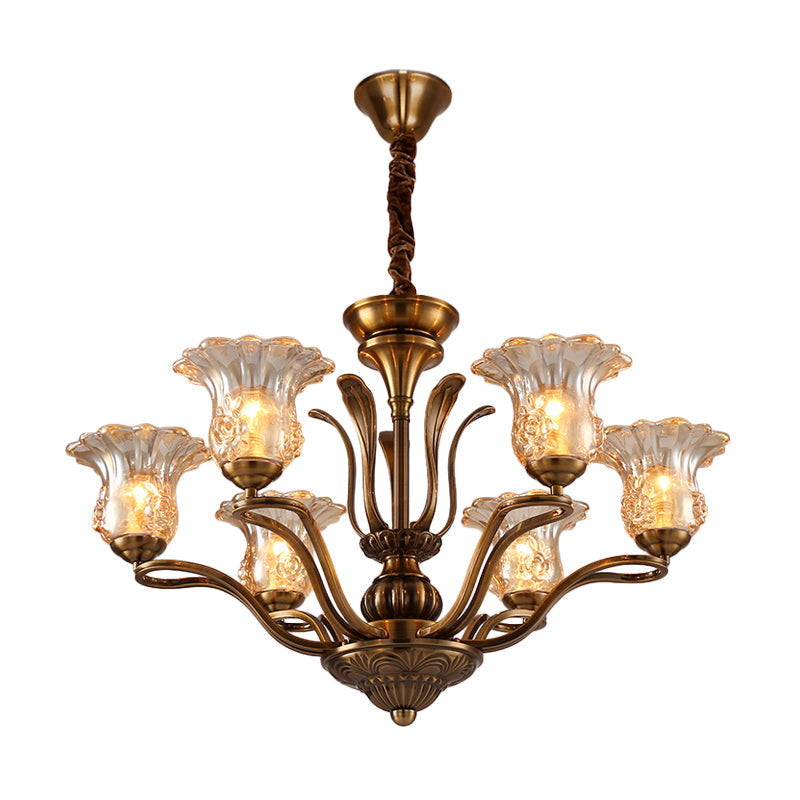 Clear Glass Pendant Chandelier With Branching Design - Rustic Living Room Ceiling Light In Brass