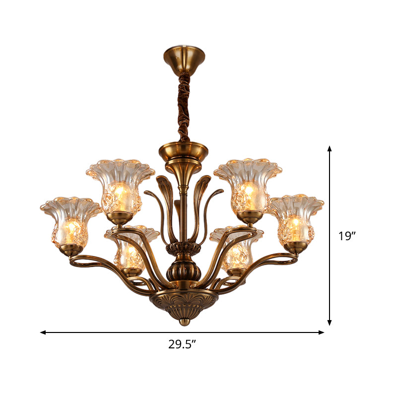 Clear Glass Pendant Chandelier With Branching Design - Rustic Living Room Ceiling Light In Brass