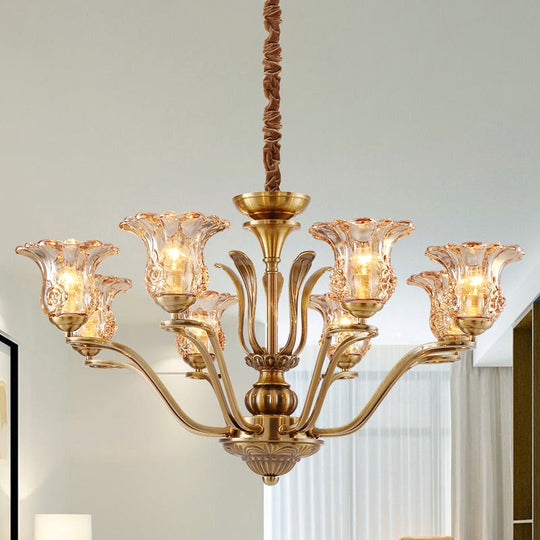 Clear Glass Pendant Chandelier With Branching Design - Rustic Living Room Ceiling Light In Brass