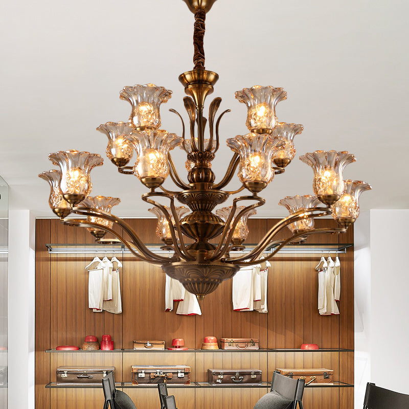 Clear Glass Pendant Chandelier With Branching Design - Rustic Living Room Ceiling Light In Brass