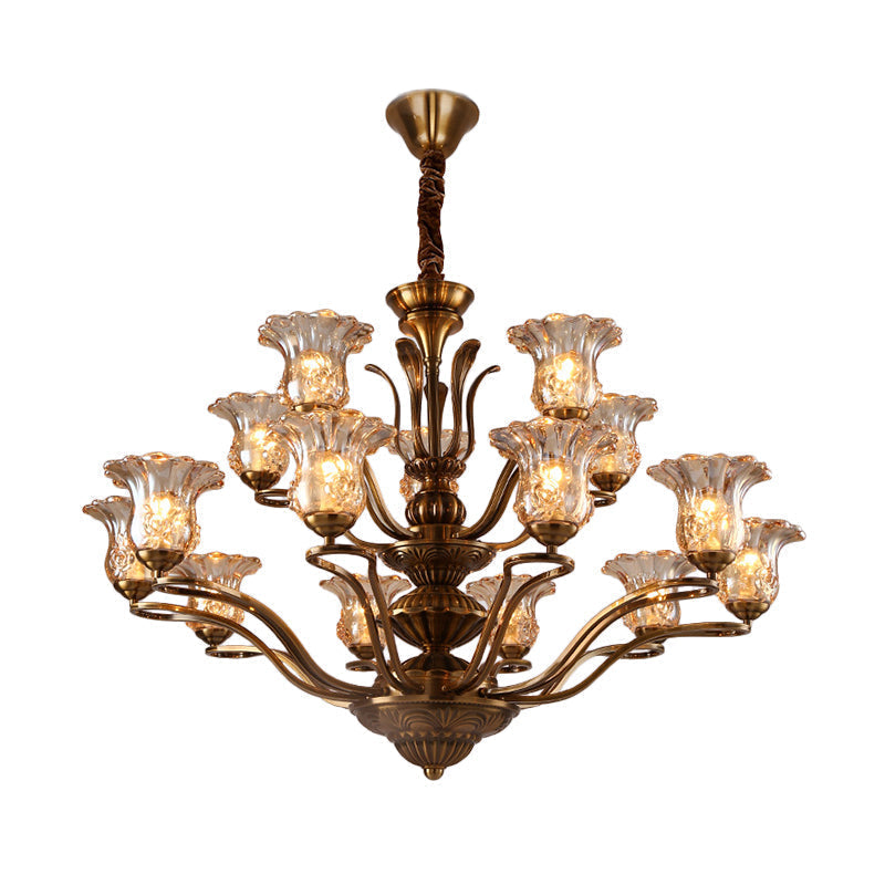 Clear Glass Pendant Chandelier With Branching Design - Rustic Living Room Ceiling Light In Brass