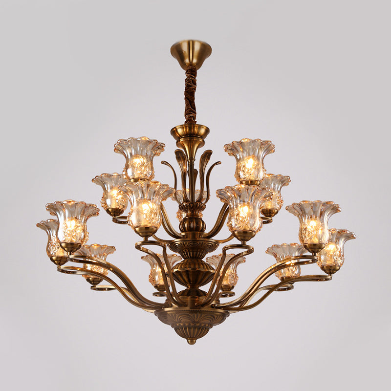 Clear Glass Pendant Chandelier With Branching Design - Rustic Living Room Ceiling Light In Brass