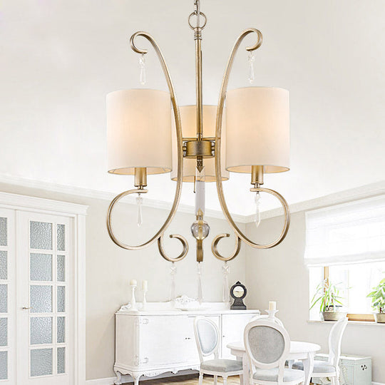 Traditional Gold Cylinder Chandelier: Fabric 3-Bulb Bedroom Hanging Lamp With Metal And Crystal