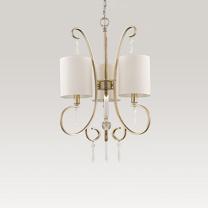 Traditional Gold Cylinder Chandelier: Fabric 3-Bulb Bedroom Hanging Lamp With Metal And Crystal