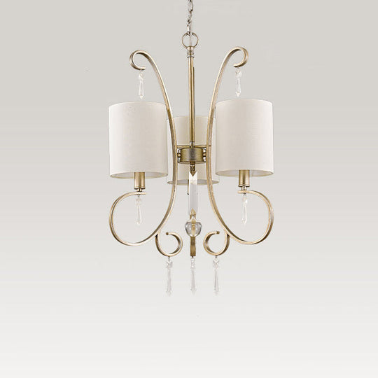 Traditional Gold Cylinder Chandelier: Fabric 3-Bulb Bedroom Hanging Lamp With Metal And Crystal