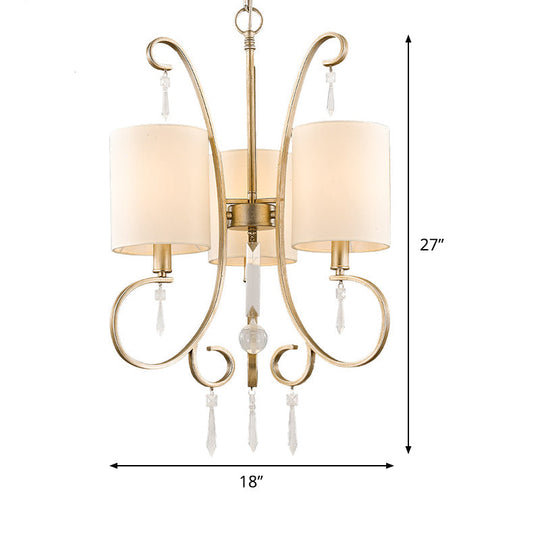 Traditional Gold Cylinder Chandelier: Fabric 3-Bulb Bedroom Hanging Lamp With Metal And Crystal