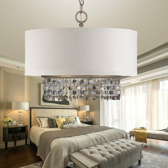 White Fabric Ceiling Chandelier Drum Shade Pendant Light - 5-Light Fixture With Crystal Droplet