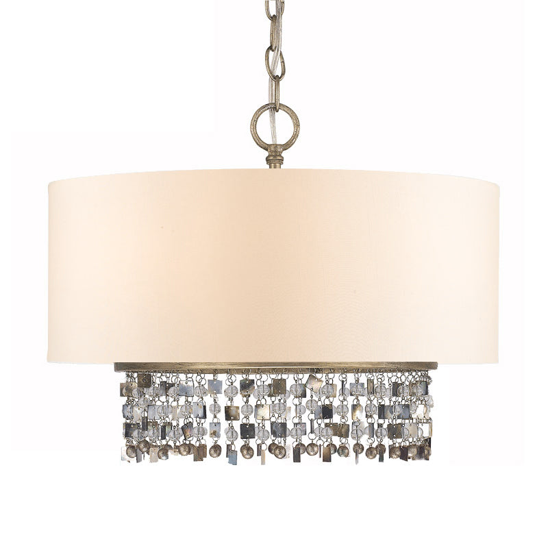 White Fabric Ceiling Chandelier Drum Shade Pendant Light - 5-Light Fixture With Crystal Droplet