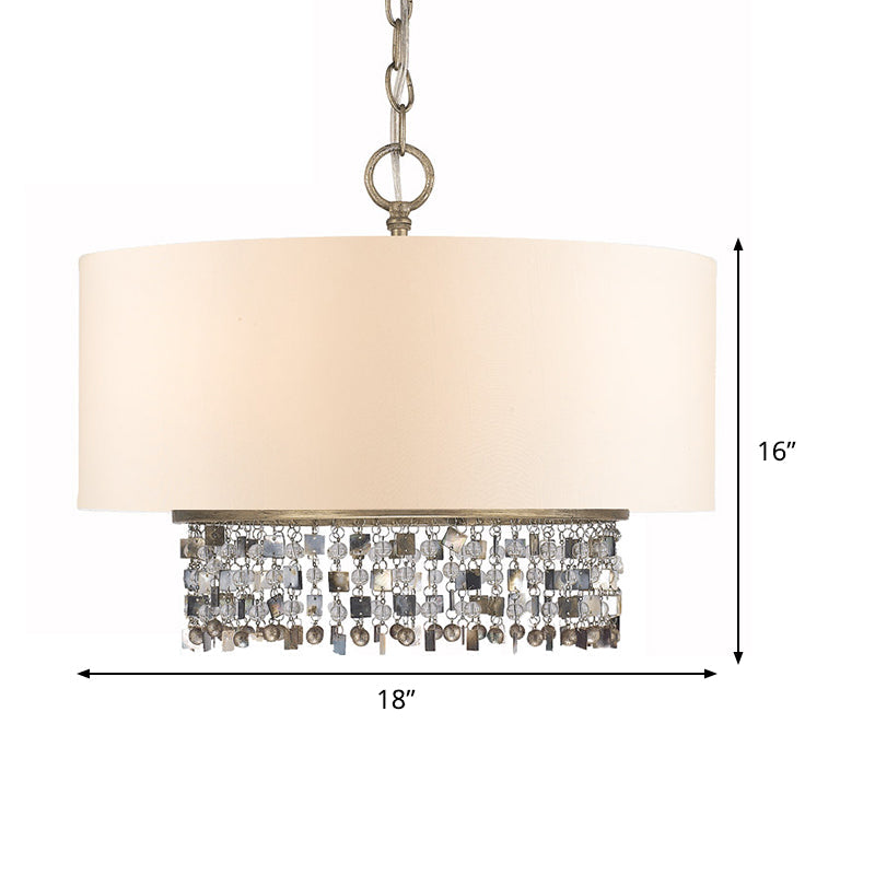 White Fabric Ceiling Chandelier Drum Shade Pendant Light - 5-Light Fixture With Crystal Droplet