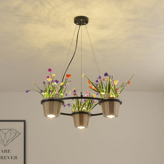 Industrial Wooden Round Ceiling Chandelier With 3/6/9 Black Pendant Lights And Potted Plant Décor