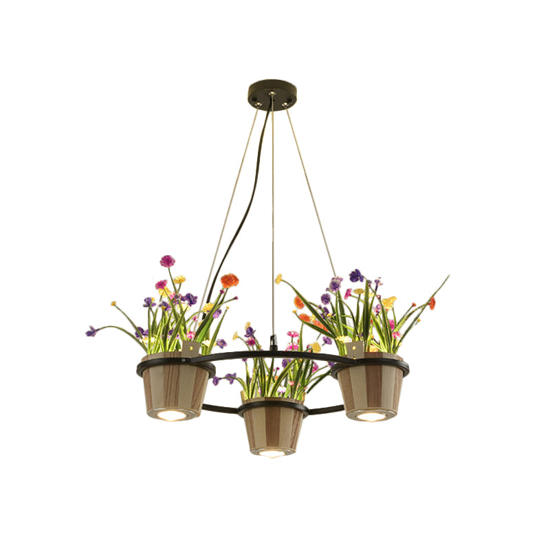 Industrial Wooden Ceiling Chandelier - Round Pendant with Potted Plant in Black, 3/6/9 Lights