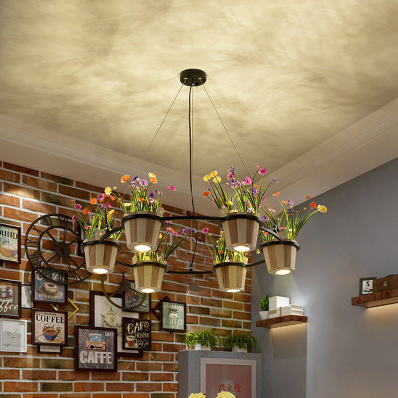 Industrial Wooden Ceiling Chandelier - Round Pendant with Potted Plant in Black, 3/6/9 Lights