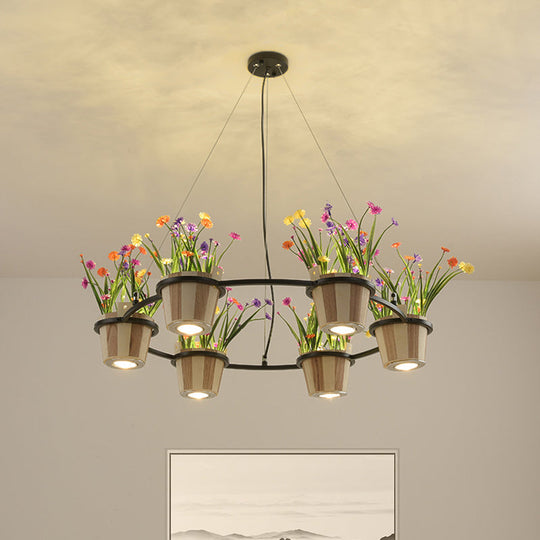 Industrial Wooden Round Ceiling Chandelier With 3/6/9 Black Pendant Lights And Potted Plant Décor