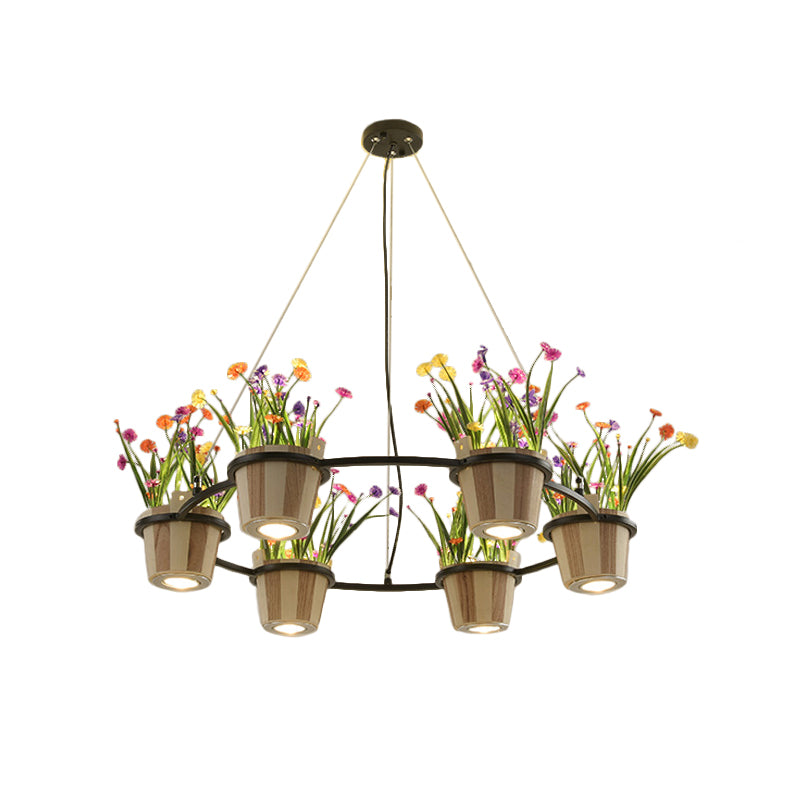 Industrial Wooden Ceiling Chandelier - Round Pendant with Potted Plant in Black, 3/6/9 Lights