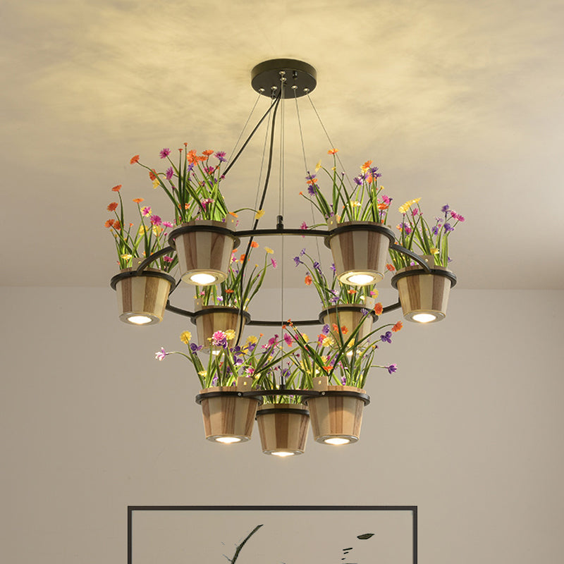 Industrial Wooden Ceiling Chandelier - Round Pendant with Potted Plant in Black, 3/6/9 Lights