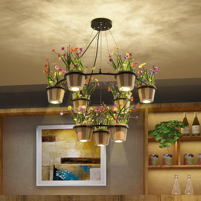 Industrial Wooden Ceiling Chandelier - Round Pendant with Potted Plant in Black, 3/6/9 Lights