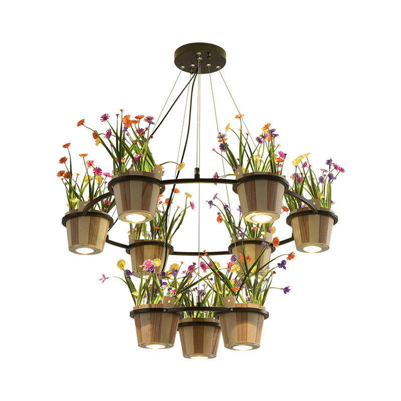 Industrial Wooden Ceiling Chandelier - Round Pendant with Potted Plant in Black, 3/6/9 Lights