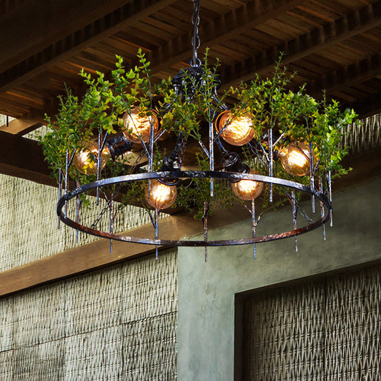 Industrial Iron Chandelier With 6 Nickel Heads - Circular Hanging Light Fixture Plant Decor