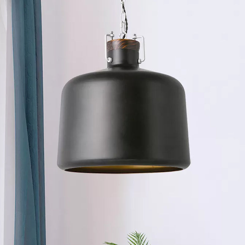 Industrial Iron Pendant Light Fixture - Bucket Restaurant 1 Bulb Suspension Lamp (Black/White)