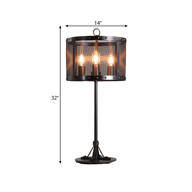 Iron Black Nightstand Light - Mesh Wire Cylinder Table Lamp With 3 Bulbs For Living Room