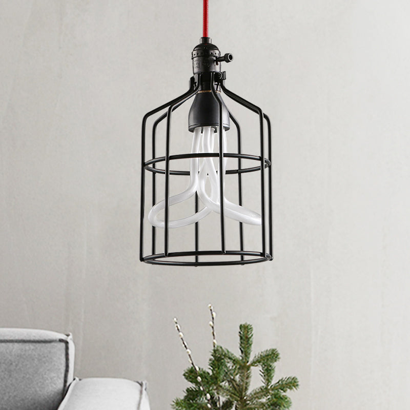 Industrial Iron Birdcage Pendant Lamp for Restaurant - Red/Black, Suspended Lighting Fixture with 1 Head