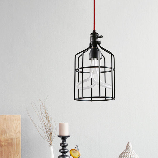 Industrial Iron Birdcage Pendant Lamp for Restaurant - Red/Black, Suspended Lighting Fixture with 1 Head