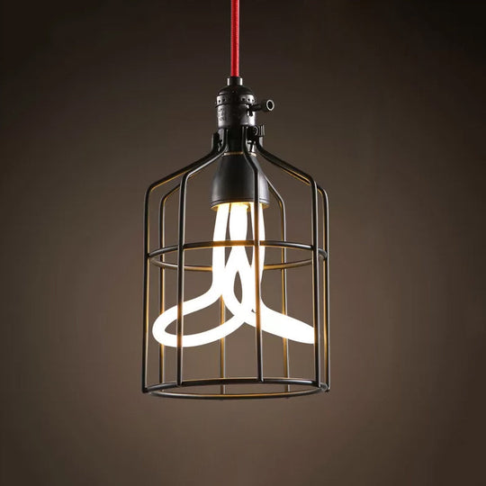 Industrial Iron Birdcage Pendant Lamp for Restaurant - Red/Black, Suspended Lighting Fixture with 1 Head