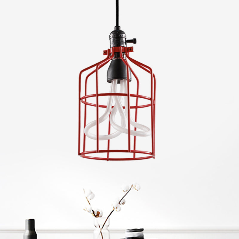 Industrial Iron Birdcage Pendant Lamp for Restaurant - Red/Black, Suspended Lighting Fixture with 1 Head