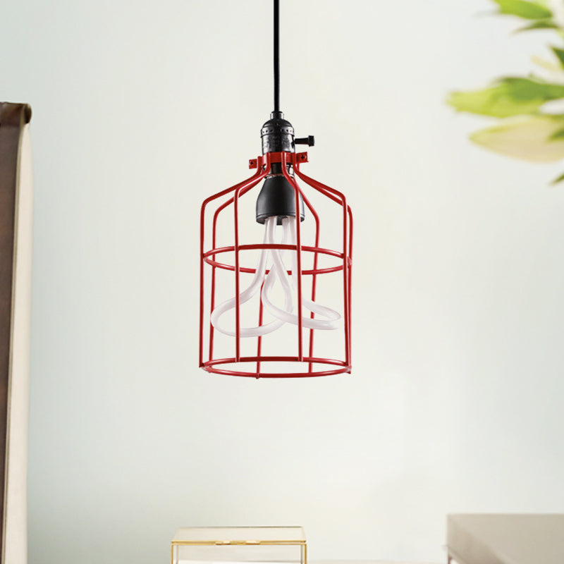 Industrial Iron Birdcage Pendant Lamp for Restaurant - Red/Black, Suspended Lighting Fixture with 1 Head