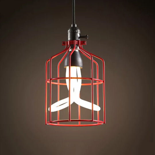 Industrial Iron Birdcage Pendant Lamp for Restaurant - Red/Black, Suspended Lighting Fixture with 1 Head