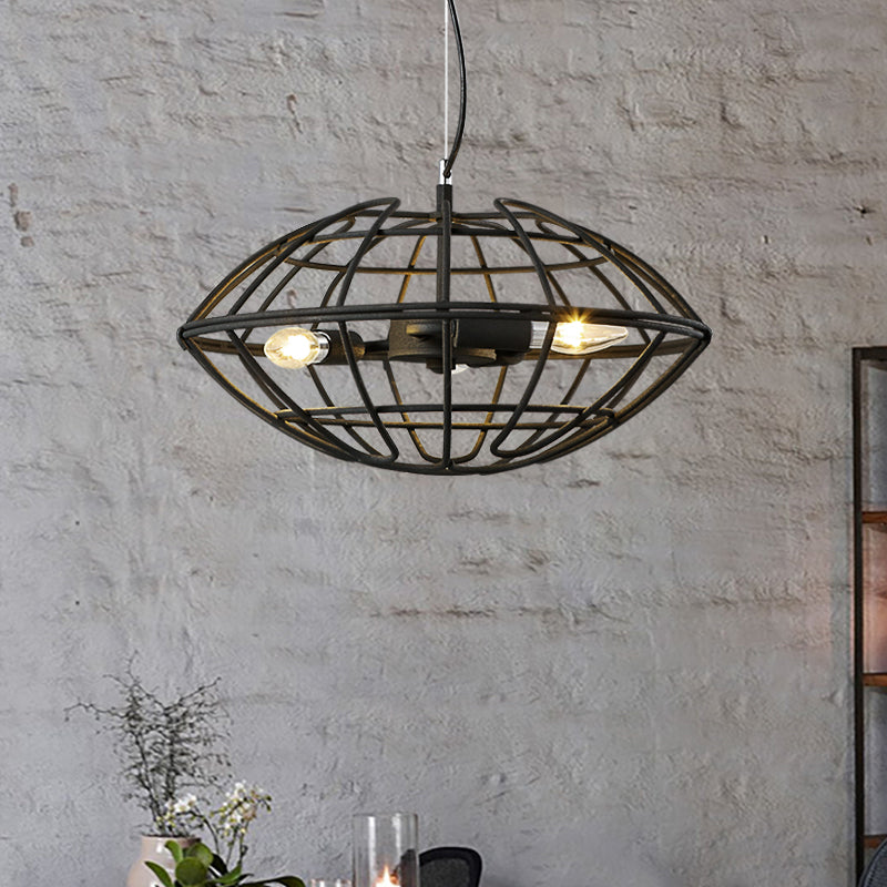 Metal Black Chandelier Light with UFO Wire Cage - 3 Bulbs - Restaurant Suspension Lighting