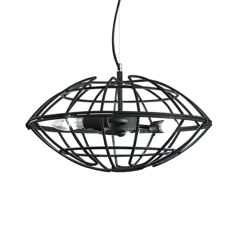 Metal Black Chandelier Light - Ufo Wire Cage 3 Bulb Factory Suspension Lighting For Restaurant