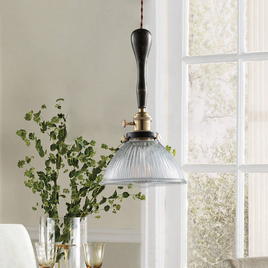 Industrial Clear Prismatic Glass Pendant Light - Bowl Dining Room Lighting, Black Hanging Lamp