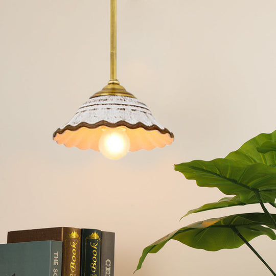 Ceramic Drop Pendant Light With Scalloped Trim In White - Bowl Shape Single Dining Room Pendulum