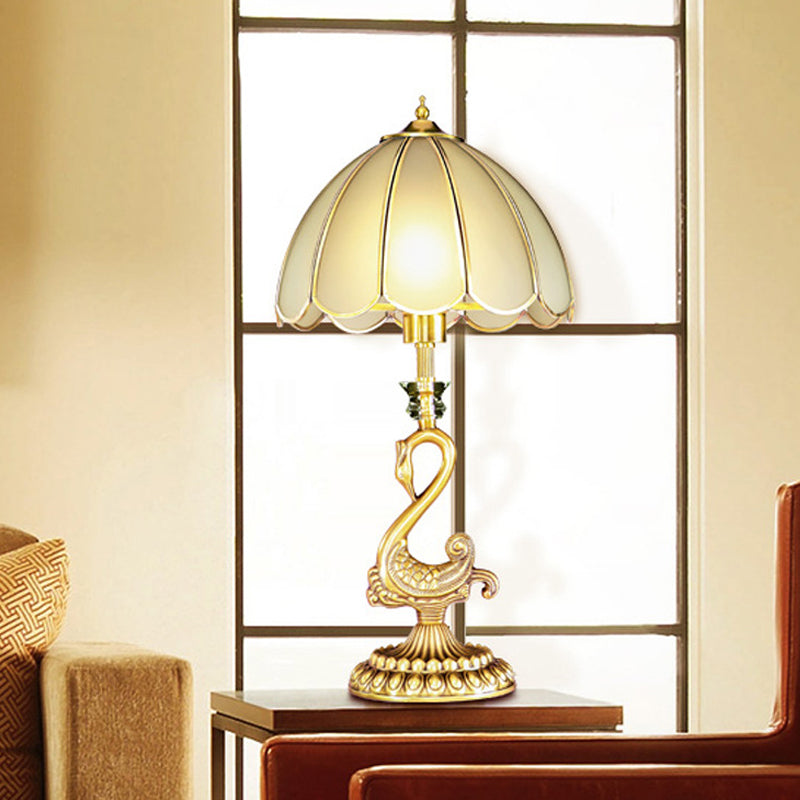 Colonial Style Scalloped Table Lamp With Metal Swan Design - White Glass Shade Gold Finish