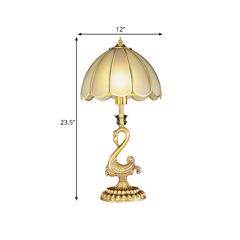 Colonial Style Scalloped Table Lamp With Metal Swan Design - White Glass Shade Gold Finish